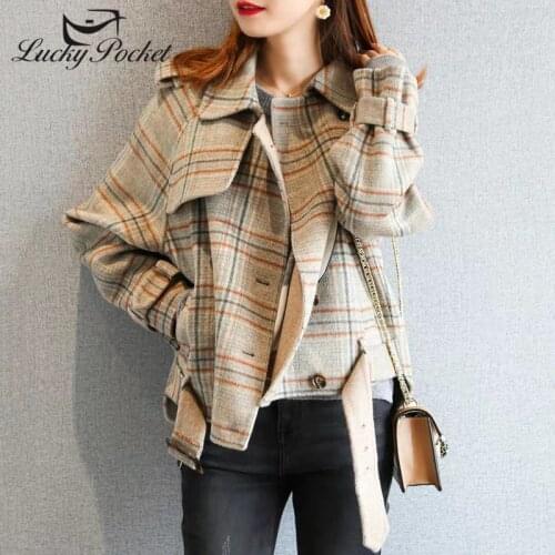 Women Fall Winter Gray Turn-down Collar Plaid Wool Short Woolen Coat Female England Style Parkas Ladies Fashion Outerwear ZM85