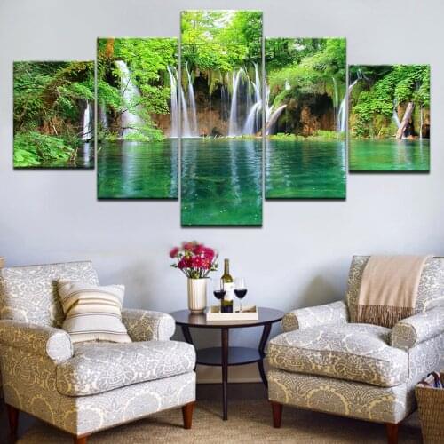 5Panel HD Printed Waterfall green mountain Landscape wall posters Print On Canvas Art Painting For home living room decoration