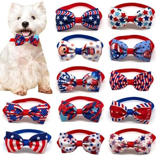 50/100pcs Small Dog Puppy American Independence Days Bow Ties US Flag Pattern Pet Dog Necktie Adjustable Pet Dog Collar Bow Tie
