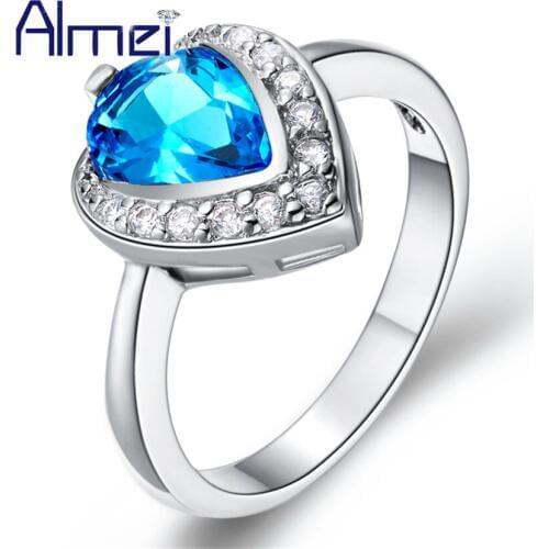Almei 2017 USA Sale Cheap Love Heart Silver Color Female Jewelry Pear Ring Women Red Blue Stone Rings Fianit Jewelery Aneis J350