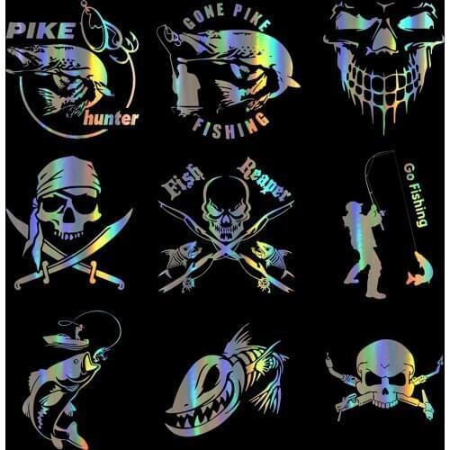 Car Sticker Interesting Fishing and skll Car Decal Reflective Laser Vinyl Car Sticker 3D Car Styling Black Silver