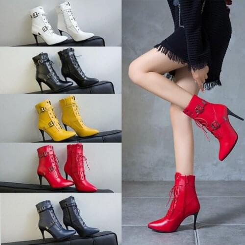 Punk Buckle Strap Boots Women 9cm Stiletto High Heels Ankle Boots Cross Tie Lace up Booties Woman Autumn Winter Shoes Size 49 50