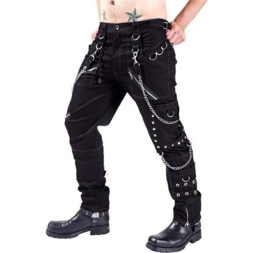 Trousers men motorcycle pants European and American youth personality punk rock metal rivet buckle straps chain fashion black