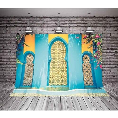 Fountain Morocco Blue Gate Bright Color House Flower Leaves Yellow Wall background Computer print wedding backdrops