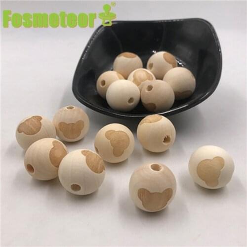 Fosmeteor Round Necklace Printed Wooden Beads Lovely Elephant Pentagram Crown Pattern Baby Teether Wooden Elephant Teething Bead