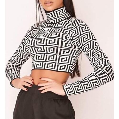 High-Necked Long-Sleeved T-Shirt Spring/Autumn Street Fashion Sexy Comfortable Slim Short Print Navel Bottoming T-Shirt Women