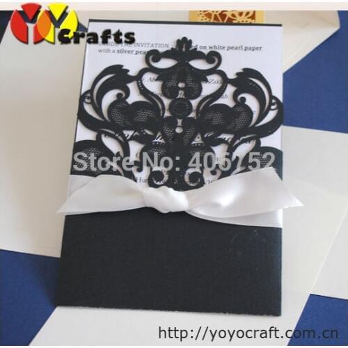 50sets/lot talking wedding invitation cards with ribbon,laser cut vintage wedding invitation cards with ribbon