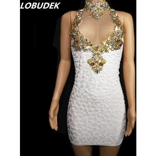 Summer Women Birthday Party Prom Rhinestones Dress White Beads Halter Sleeveless Short Dress Singer Host Evening Concert Costume