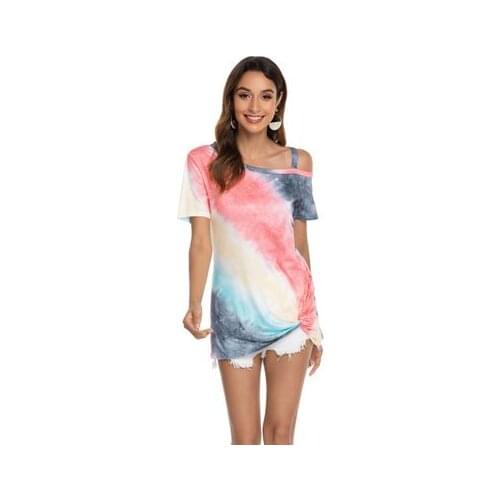 Summer New Womens Sexy T-shirt Printed Gradient Shoulder Short Sleeve Hem Kink T-shirt For Women
