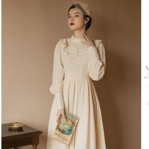 Apricot Gentle Sweet Princess Dress Fall Lace Stitching Stand-up Collar Ruffle Puff Sleeve Vestido Femme French Retro Midi Dress