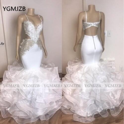 Sexy White Long Mermaid Prom Dresses for African Black Girls Plus Size Straps Beaded Ruffles Formal Dresses Prom Evening Gowns