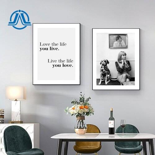 Nordic Style Dog And Girl Poster Print Black White Wall Art Love The Life Quote Canvas Painting Modern Picture On The Wall Decor