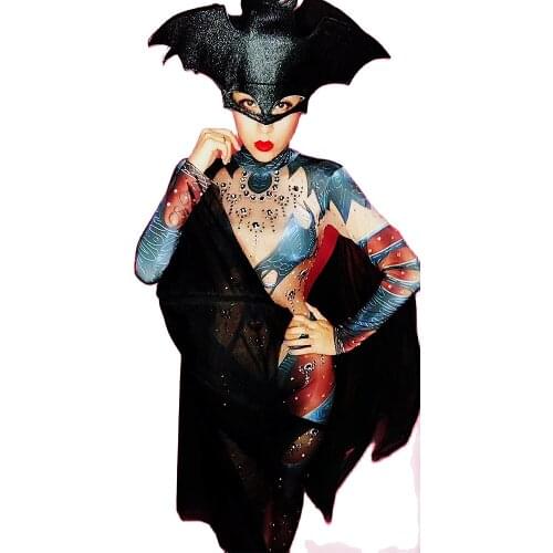 Halloween Performance Costume Women Bat Pattern Printing Tights Jumpsuit With Wings Headwear Rhinestones Long Sleeve Dance Wear