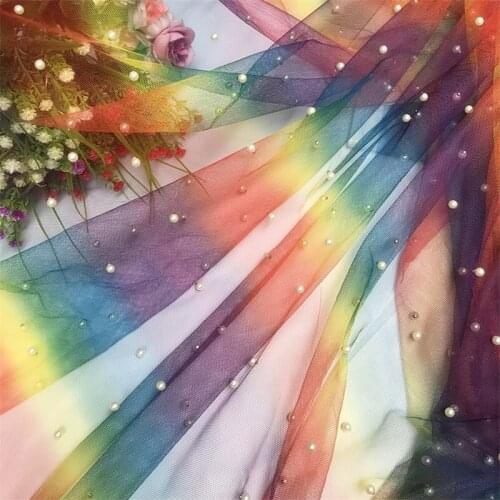 Rainbow Color Pearls Mesh Lace Fabric Beads Gradient Color DIY Dress Background Decoration Sewing Cloth