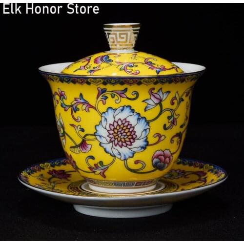 210ml Colored Enamel Sancai Gaiwan Master Cups Hand Painted Put Lotus Flower Tureen Kung Fu Ceramic Gaiwan Tea Bowl Tea Cup