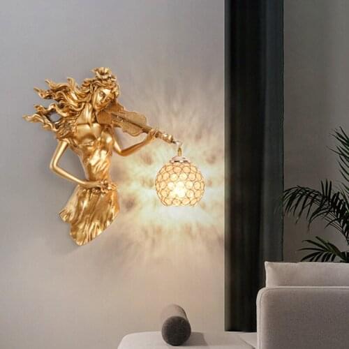 Nordic Luxury Crystal LED Wall LampViolin Girl Creative Lampshade Wall Lamps Living Room Background Wall Light Indoor Lighting