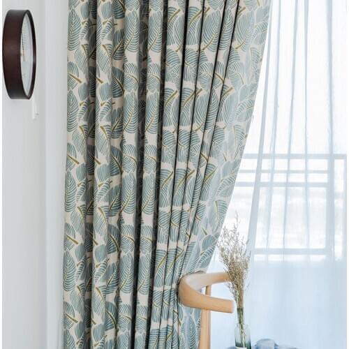 Chinese Style Curtains for Living Room Bedroom Cotton and Linen Fabric Printed Retro Green Leaf Curtains Product Customization