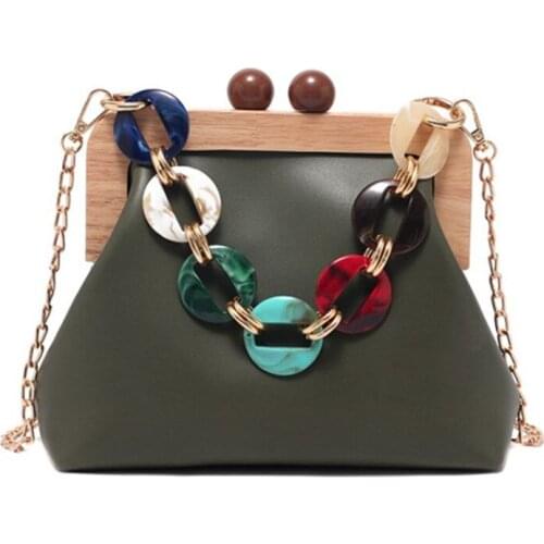 Wooden Clip Shoulder Messenger Bags for Women PU Leather Green Crossbody Purse Ladies Chains Small Handbags Bolsas De Mujer