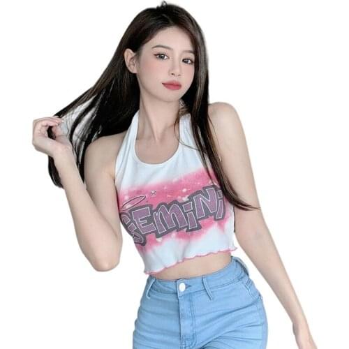 Womens Tank Tops Summer Sexy Halter Print Slim Sleeveless Vest Korean Style Camis