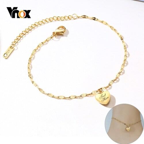 Vnox Free Custom Engrave Womens Anklet Heart Charm Stainless Steel Link Chain Casual Holiday Beach Ankle Jewelry