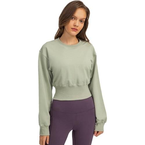 New Gym Women Loose Casual Sports Long Sleeve Sweatshirt Fitness Running Clothing Draw Back Gym Running Yoga Ribbed Crew Neck