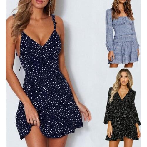 2021 Summer Women Dress V Neck A Line Sexy High Waist Dot Printing Mini Dresses Vestidos Back Lacing Straps Backless Dress XXXL