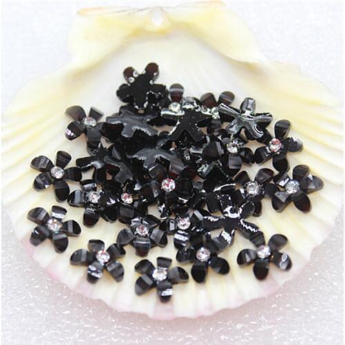 100pcs/lot 10mm cute resin black flower with rhinestone flatback cabochon for DIY nail art decoration