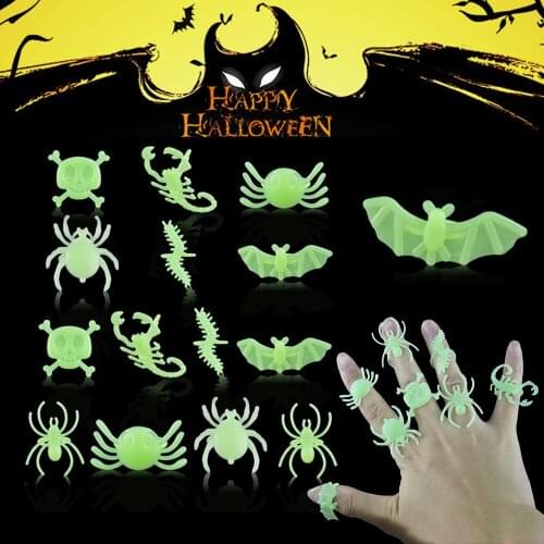 14pcs Luminous spider ring Halloween hot selling makeup costume props Centipede ghost head bat ring