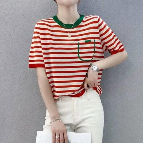 2021 Sale No. 6 In Room 206561, 5 】 The Film Web Celebrity Figure Stripe Color Matching Round Collar Knitting T-shirt Female 31