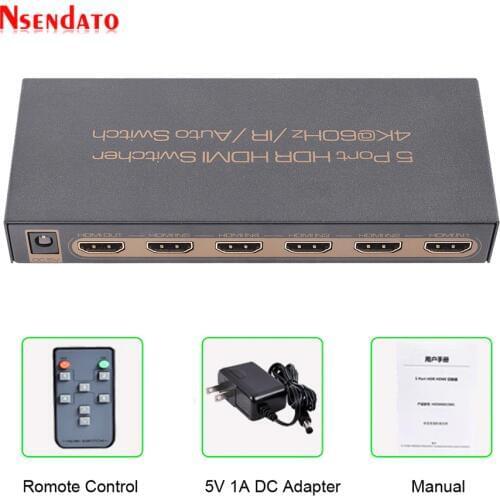 5 Port 18Gbps HDR 4K 60Hz HDMI Switch 5x1 Support HDCP 2.2 HDMI 2.0 Switcher With Auto & IR Remote Control For PS4 Monitor TV PC