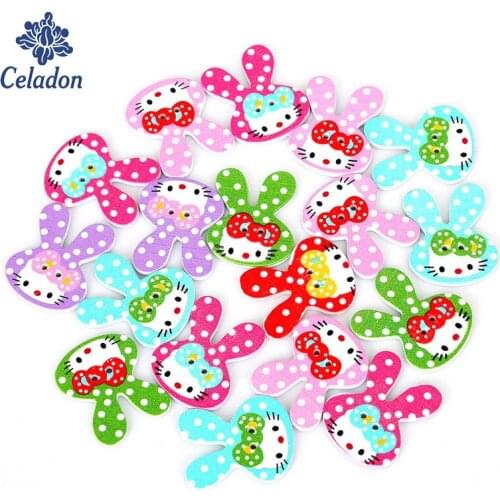 Top Quality 50Pcs Random Mixed 2 Holes Pattern Cartoons Rabbit Animals Wood Sewing Buttons Scrapbooking 25x31mm