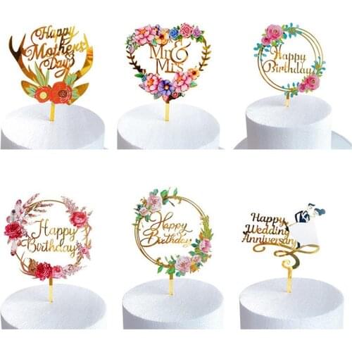 Acrylic Cake Topper Happy Birthday Cupcake Top Flag Cake Decorating for Baby Shower Kids Birthday Wedding Party Supplies