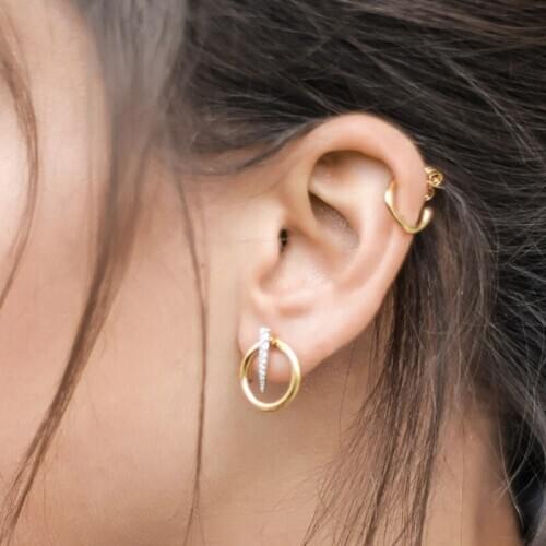 Authentic 925 Sterling silver Gold Mircro Pave Zirconia AAA+ Bar &Open Lucky Circle Geometric Stud Earrings FINE jEWELRY E224