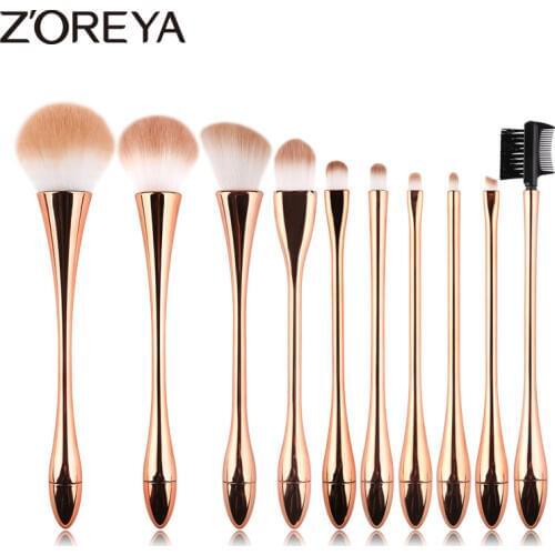 Zoreya Brand 10pcs Rose Gold Luxury Makeup Brushes Set High Quality Synthetic Hair Large Powder Angled Brow Eye Shadow Brush Kit