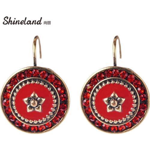 Brinco Fashion trendy- Charm Red Rhinestone Enamel Round&Flower Shape Classic Clip On Earrings Statement Jewelry Bijoux2018