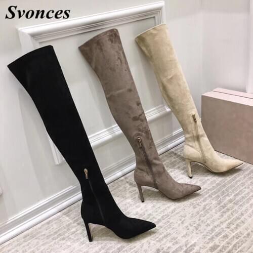 Black/Grey Women Long Boots Shoes Comfort High Heel Knee High Boots Chaussure Femme Leather Thigh High Boots Woman Winter