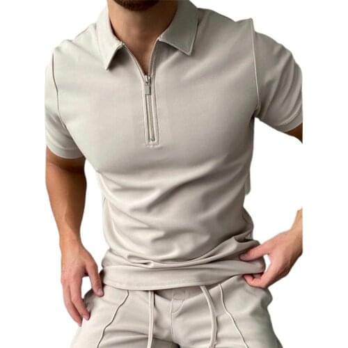 Men Turn-down Collar Solid Color Zipper Short Sleeve T-shirt Shirt Streetwear for Summer Daily Wear 2021 Fashion Male Clothing