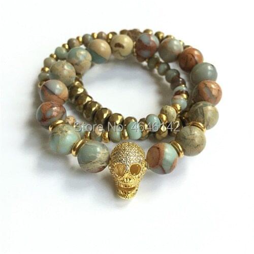 Pave CZ Skull Bead Snakeskin Jasper Stone Stretch Bracelet Stracking Bracelet