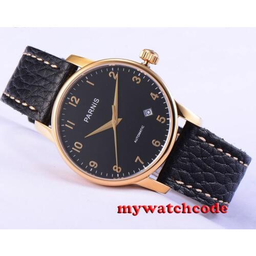 38mm parnis black dial date golden plated case miyota automatic mens watch P582