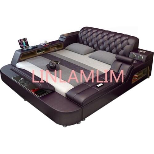 Genuine leather bed frame Soft Beds massager storage safe speaker LED light Bedroom cama muebles de dormitorio / camas quarto