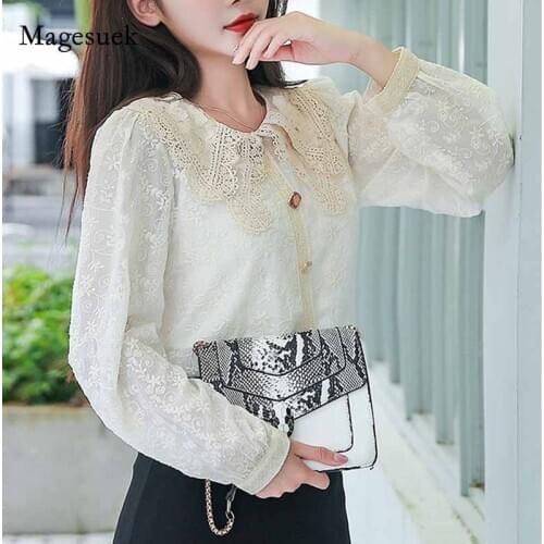 2020 Autumn New Cotton Vintage Lace Elegant Womens Blouse Korean Clothes Lace Latern Long Sleeve Slim Womens Shirts 11056