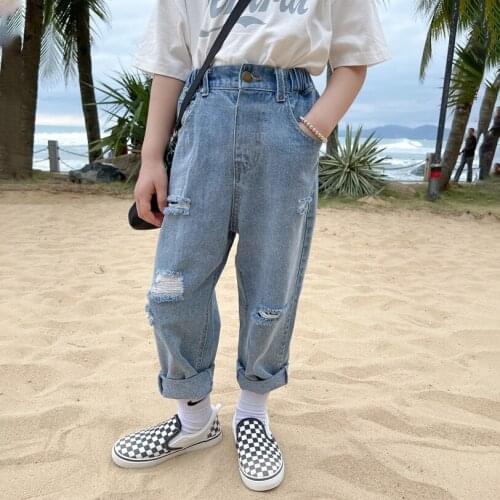 2021 Spring New Fashion Teen Girls Jeans Children Korean Style Broken Holes Pants Kids Loose Casual Trousers, #1193