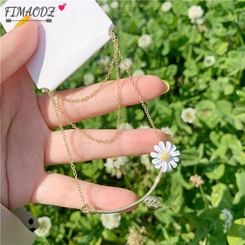 FIMAODZ Charm Daisy Flower Necklace for Women Girls Party Gold Color Chain White Sunflower Pendant Korean Jewelry Family Gift