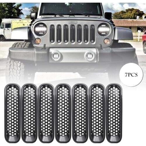 7x Car Front Insert Mesh Grille Racing Grill for Jeep Wrangler JK Accessories 2007-2012 2013 2014 2015 2016 2017 2018 Black ABS