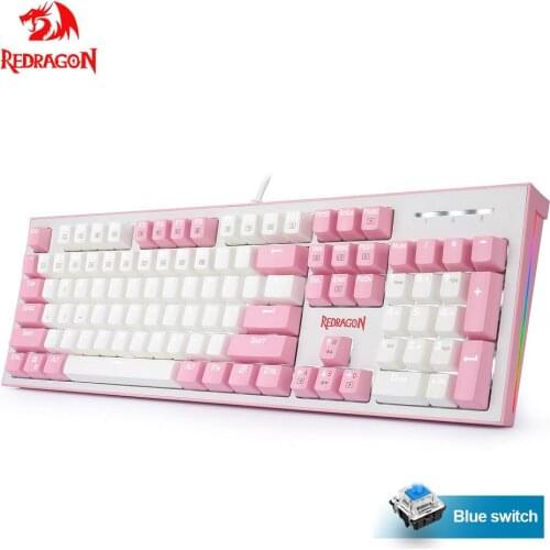 REDRAGON HADES K623 USB Pink White Mechanical Gaming Keyboard Blue Switch Led Backlit 104 Keys Computer PC Gamer