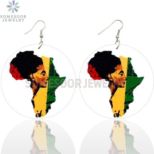 SOMESOOR Afrocentric Ethnic Headwrap Woman Wooden Drop Earrings Printed Ankh African Map Big Loops Dangle Jewelry For Women Gift
