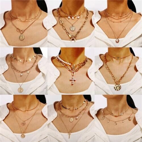 Vintage Multilevel Necklaces For Women Boho Fashion Geometric Coin Artificial Pearl Shell Stone Crystal Pendant Necklace Jewelry
