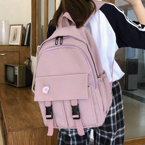 Large Capacity High SchoolBag Double Front Pocket Buckle Backpack Travel Bag Multi Pocket Waterproof Nylon Women Backpack