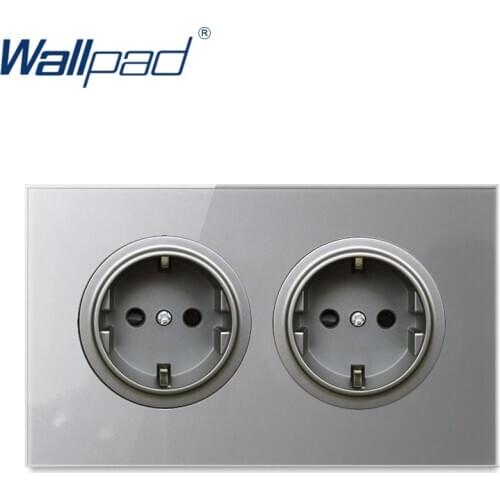 Wallpad Double EU Standard Wall Socket Power Electric Outlet Grey Crystal Tempered Glass Panel 3x6 Frame146mm