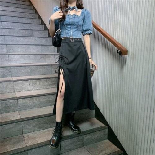 Skirts Women Black High-waist Side-split Midi Skirt Ladies Stretchy Hollow Out Asymmetric Solid Color Metal Ring Deco Skirt